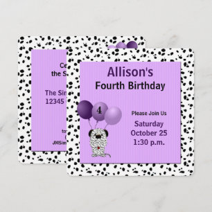 Purple with Dalmations 4th Birthday Party Invitation