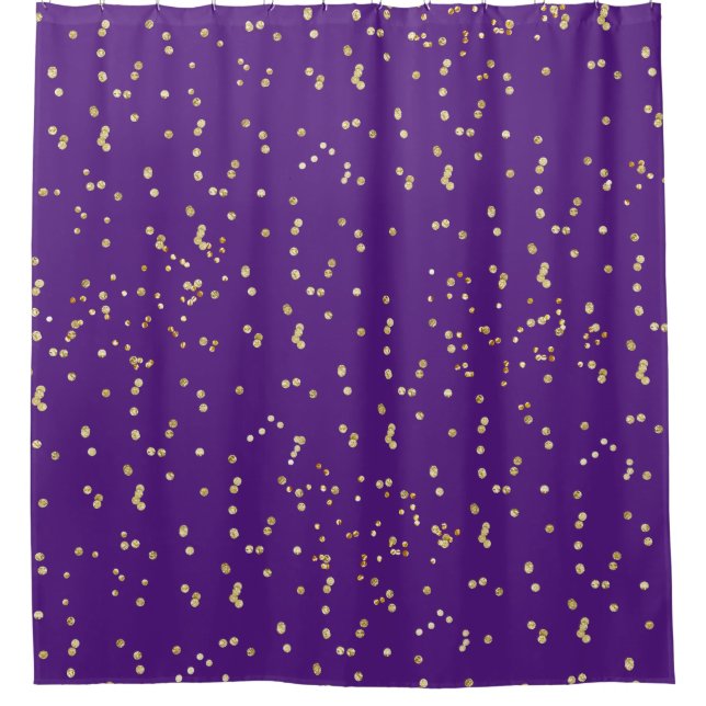 Purple with gold confetti scattered polka dots shower curtain (Front)