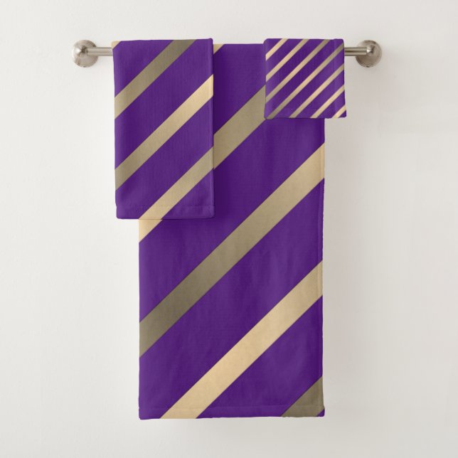 Purple with gold stripes bath towel set (Insitu)