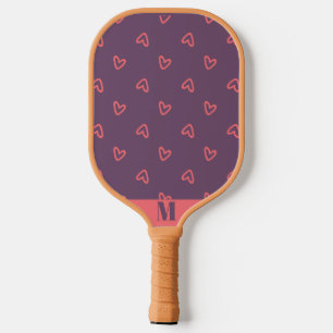 Purple with Pink Hearts Modern Monogram Pickleball Paddle