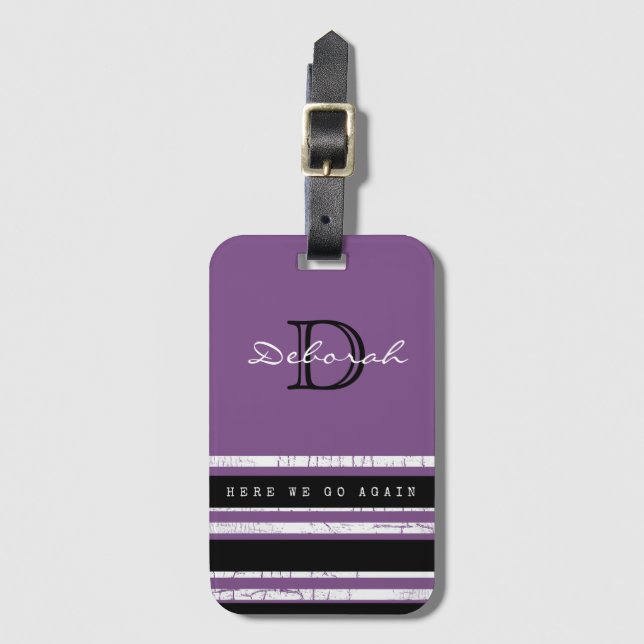 purple with stripes, feminine & monogrammed travel luggage tag (Front Vertical)