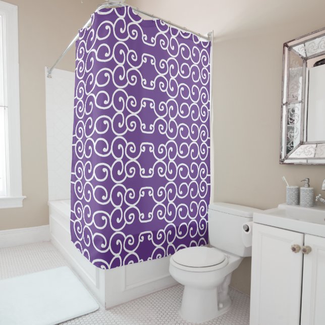 Purple with white scrolls shower curtain (In Situ)