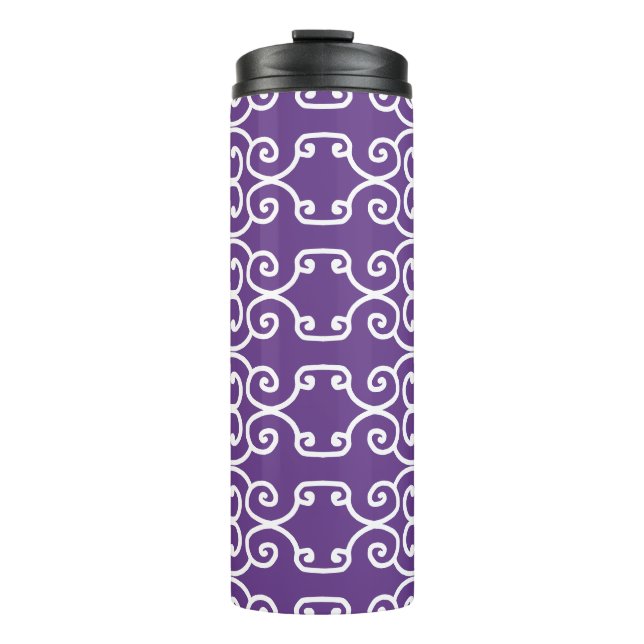 Purple with white scrolls thermal tumbler (Front)