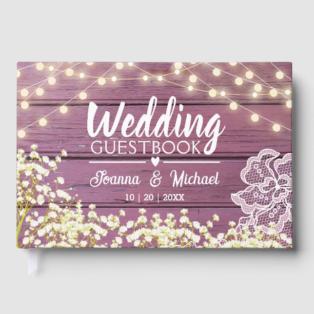 Purple Wood Baby's Breath Lights & Lace Wedding Guest Book (Front)