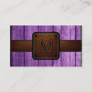 Purple Wood Brown Leather Look Monogram Business Card