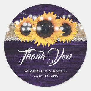 Purple Wood Burlap Lace Sunflower Wedding Classic Round Sticker