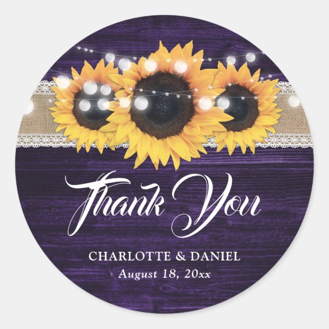 Purple Wood Burlap Lace Sunflower Wedding Classic Round Sticker (Front)
