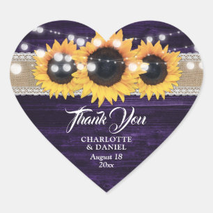 Purple Wood Burlap Lace Sunflower Wedding Favor Heart Sticker