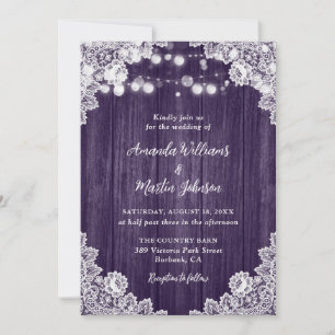 Purple Wood Floral Lace Romantic Rustic Wedding Invitation