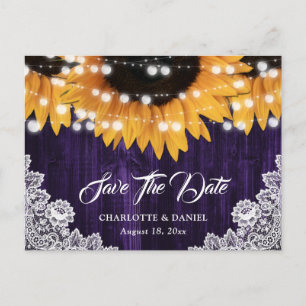 Purple Wood Floral Lace Sunflower Wedding Announcement Postcard