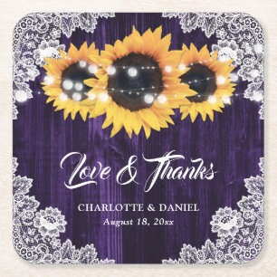 Purple Wood Lace Sunflower Wedding Thank You Square Paper Coaster