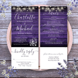 Purple Wood Mason Jars Lights All In One Wedding Invitation