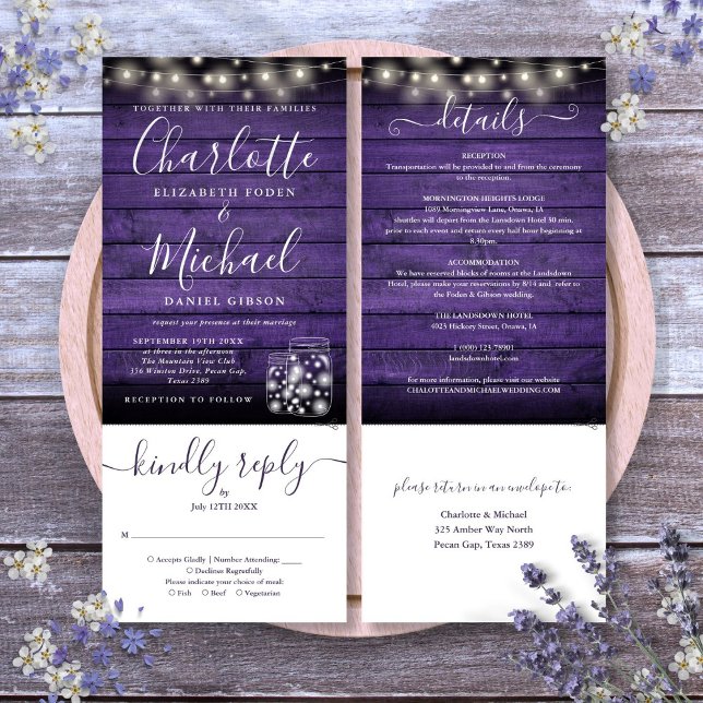 Purple Wood Mason Jars Lights All In One Wedding Invitation (Purple Wood Mason Jars Lights All In One Wedding Invitation)