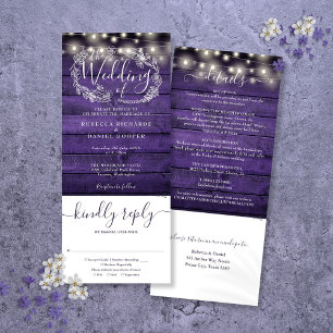 Purple Wood String Lights All In One Wedding Invitation