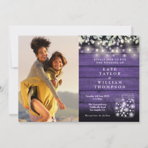 Purple Wood String Lights Floral Photo Wedding Invitation