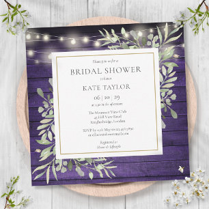 Purple Wood String Lights Greenery Bridal Shower Invitation