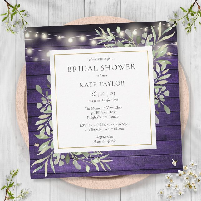 Purple Wood String Lights Greenery Bridal Shower Invitation (Creator Uploaded)