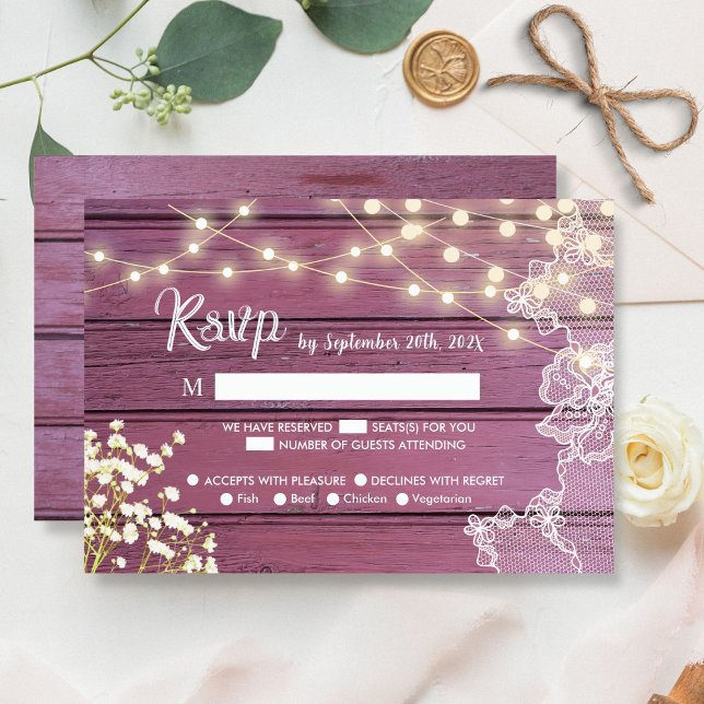 Purple Wood String Lights & Lace Wedding RSVP Card (Creator Uploaded)