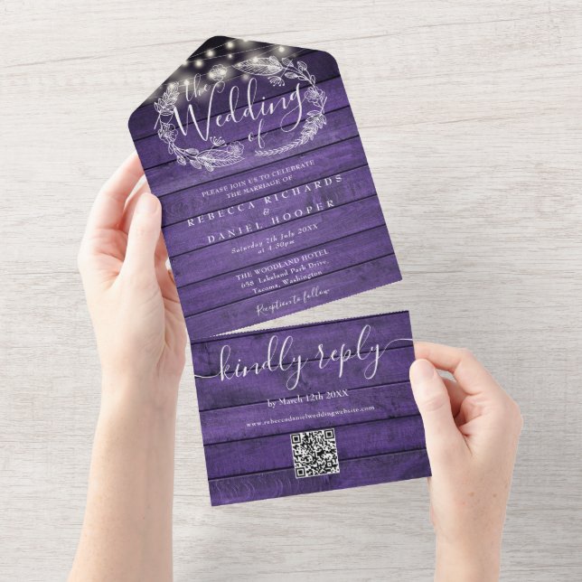 Purple Wood String Lights QR Code Floral Wedding All In One Invitation (Tearaway)