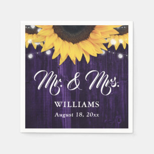 Purple Wood String Lights Sunflower Wedding Napkin