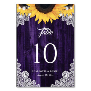 Purple Wood Sunflower String Lights Floral Lace Table Number