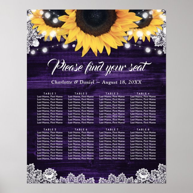 Purple Wood Sunflower Wedding Seating Chart 8 (Front)