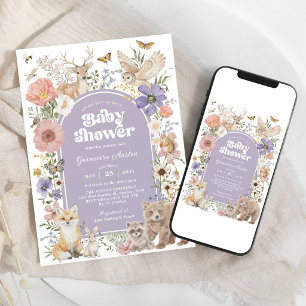 Purple Woodland Animals Wildflower Baby Shower Invitation