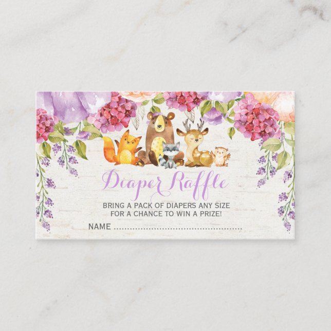 Purple Woodland Floral Baby Diaper Raffle Enclosure Card (Front)