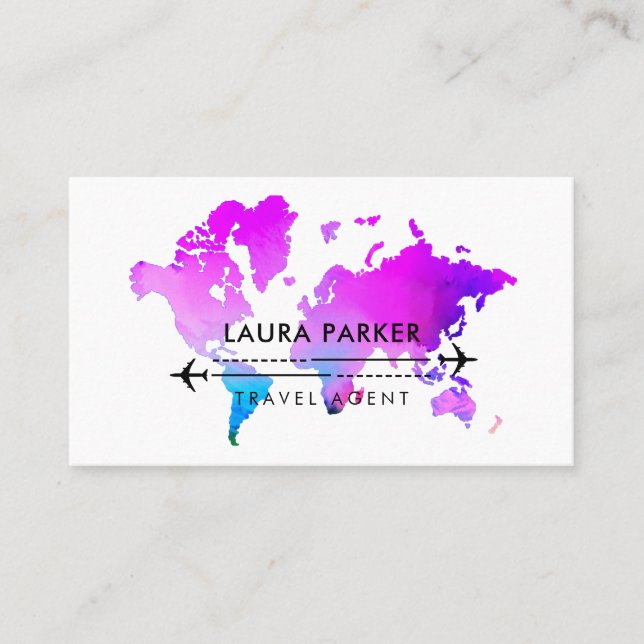 Purple World Map Travel Agent Tour Vacation  Busin Business Card (Front)