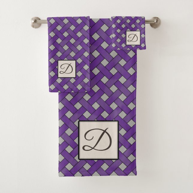 Purple Woven Rattan on Custom Colour with Monogram Bath Towel Set (Insitu)