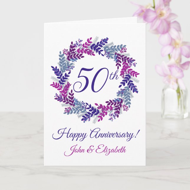 Purple Wreath 50th Wedding Anniversary Card (Orchid)