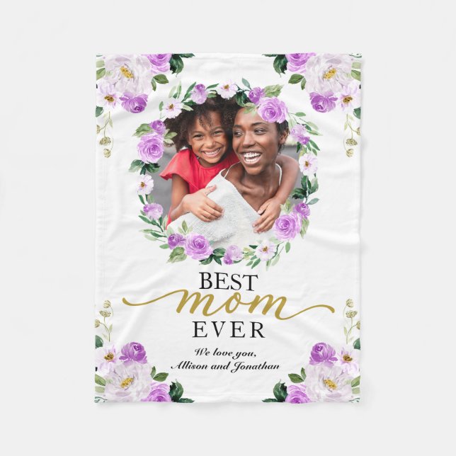 Purple Wreath Photo Best Mum Ever Mother's Day Fleece Blanket (Front)