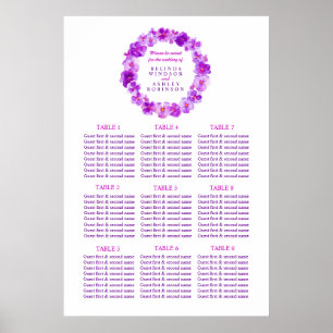 Purple wreath watercolor art wedding table plan poster