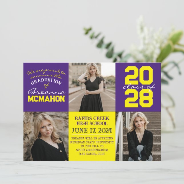 Purple & Yellow 4 Photo Graduation Announcement  (Standing Front)