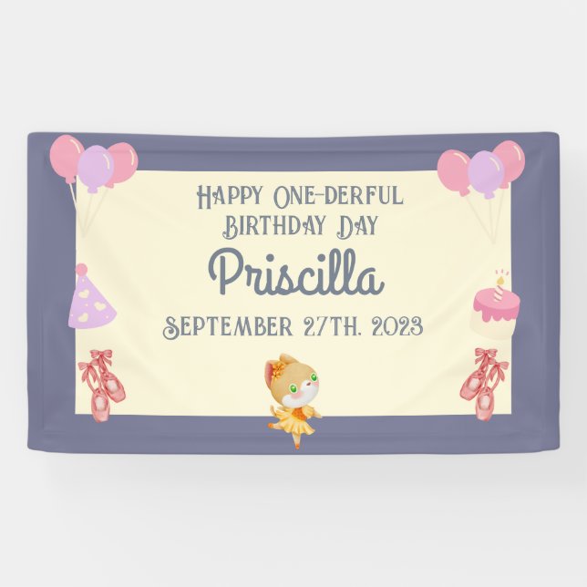 Purple Yellow Ballerina Cat Kids Birthday Party Banner (Horizontal)