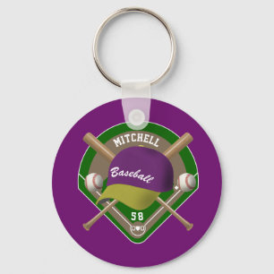 Purple  Yellow Baseball Diamond Player Name Number Key Ring