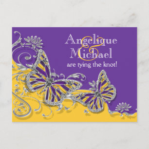 Purple yellow butterfly wedding engagement announcement postcard