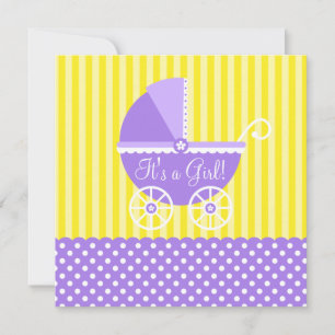 Purple Yellow Carriage Dots Girl Baby Shower Invitation
