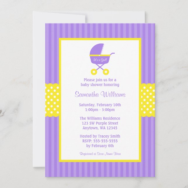 Purple Yellow Carriage Striped Dots Baby Shower Invitation (Front)