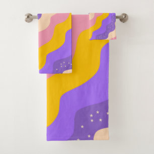 Purple Yellow Celestial Stripe Groovy Abstract Bath Towel Set