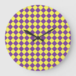Purple Yellow Chequered Diamond Pattern Large Clock