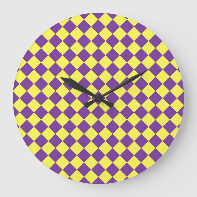Purple Yellow Chequered Diamond Pattern Large Clock (Front)