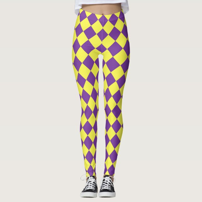 Purple Yellow Chequered Diamond Pattern  Leggings (Front)