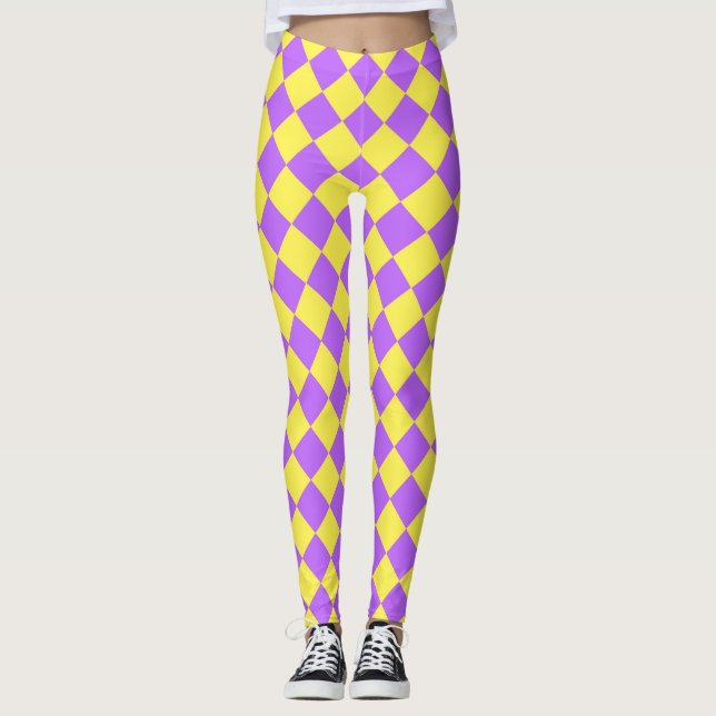 Purple Yellow Chequered Diamond Pattern  Leggings (Front)