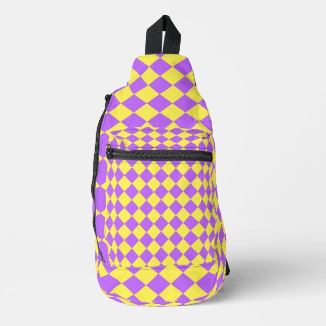 Purple Yellow Chequered Diamond Pattern Sling Bag (Front)