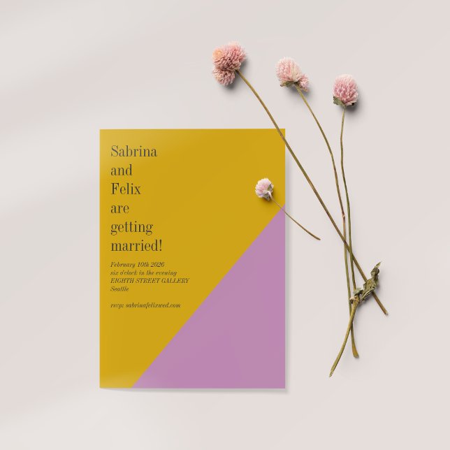 Purple Yellow Colour Block Geometric Modern Weddin Invitation (Creator Uploaded)