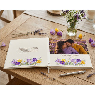 Purple Yellow Crocus Floral Photo Foil Wedding Guest Book