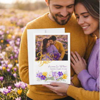 Purple Yellow Crocus Floral Photo Save The Date Invitation