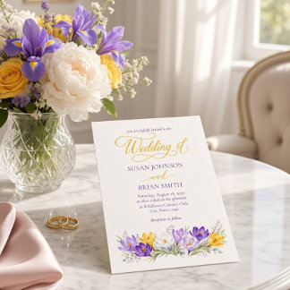 Purple Yellow Crocus Floral Photo Wedding Invitation