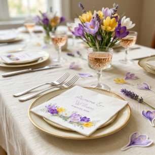 Purple Yellow Crocus Floral Wedding Paper Napkins